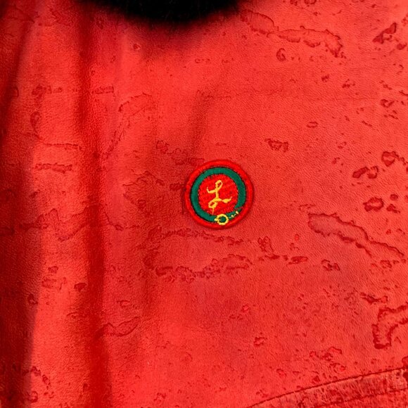 Guy Laroche Vintage Red Suede Bomber Jacket Black Fur Collar Embroidered Logos - Picture 5 of 12